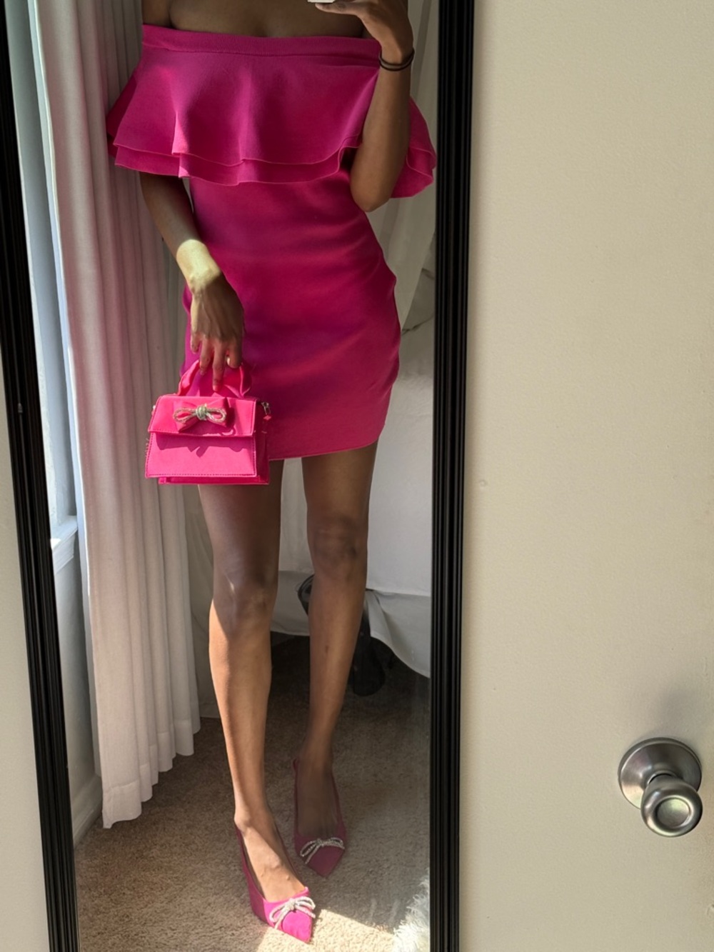 Endless Rose Off the Shoulder Ruffle Mini Dress in Hot Pink